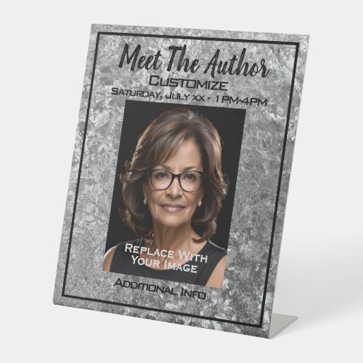 Maak kennis met de auteur zilveren textuur reclamebord met voetstuk (Voorkant)