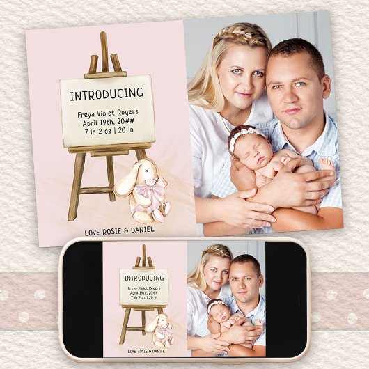 Maak kennis met de geboorte van Easel & Bunny Phot Aankondiging