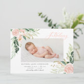 Maak kennis met foto's blozen roze florale geboort aankondiging (Staand voorkant)