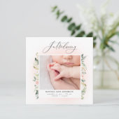 Maak kennis met foto's blozen roze florale geboort aankondiging (Staand voorkant)