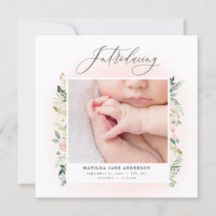 Maak kennis met foto's blozen roze florale geboort aankondiging