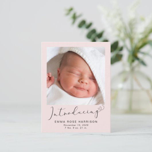 Maak kennis met Foto's roze babymeisje Aankondigingskaart (Staand voorkant)