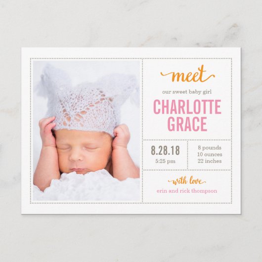 Maak kennis met haar moderne geboorteaankondiging aankondigingskaart (Voorkant)