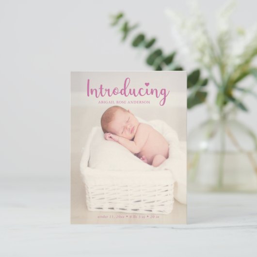 Maak kennis met het roze babymeisje Verticaal foto Aankondigingskaart (Staand voorkant)