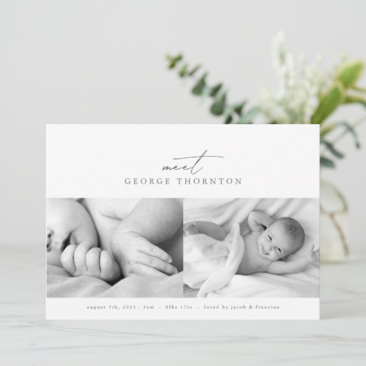 Maak kennis met onze baby fotocollage geboorte aankondiging (Staand voorkant)