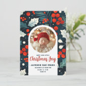 Maak kennis met onze kleine kerstvreugde foto Baby Aankondiging (Staand voorkant)