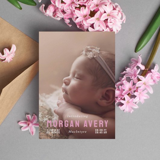 Maak kennis met roze Typografie Nieuwe babyfoto Aankondiging