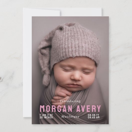 Maak kennis met roze Typografie Nieuwe babyfoto Aankondiging (Voorkant)