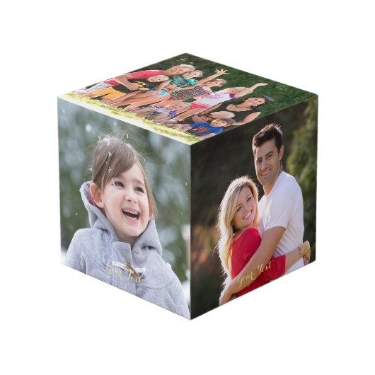 Maak op maat massief houten vijf 4 x 4 foto's teks kubus (Voorkant hoekig)