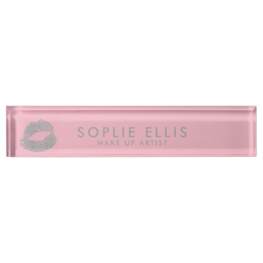 Maak Silver Glitter Lips Roze Personaliseer Naam Naambordje (Voorkant)