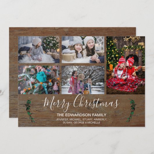 Maak uw eigen familie collage rustieke hout Kerstm Feestdagenkaart (Voorkant / Achterkant)