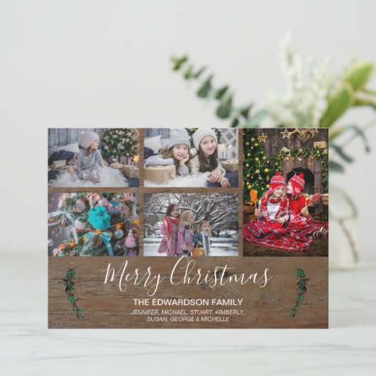 Maak uw eigen familie collage rustieke hout Kerstm Feestdagenkaart (Staand voorkant)
