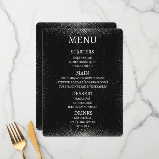 Maak uw eigen gepersonaliseerde zwarte gespikkeld menu (Voorkant / Achterkant in situ)