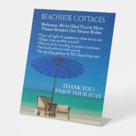 Maak uw eigen huisregels voor een strandgastverbli reclamebord met voetstuk