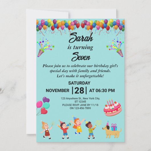 Maak uw eigen kleurrijke verjaardagsfeest uitnodig kaart (Voorkant)