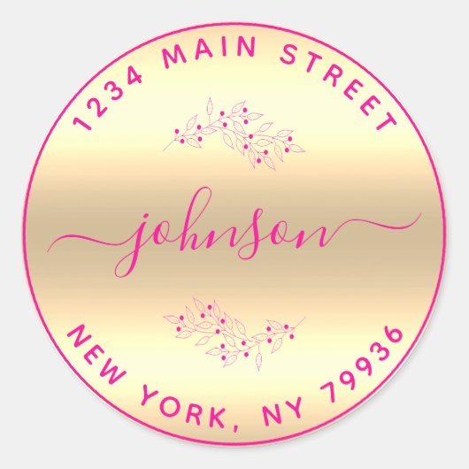 Maak Uw Eigen Ronde Retouradres Roze Goud Sticker (Voorkant)