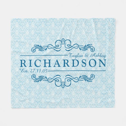 Maak uw eigen Sky Blue Damask Jubileum Monogram Fleece Deken (Voorkant (Horizontaal))