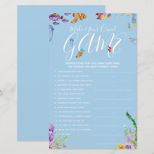 Maak uw eigen spel onder het Zee Baby shower (Voorkant / Achterkant)