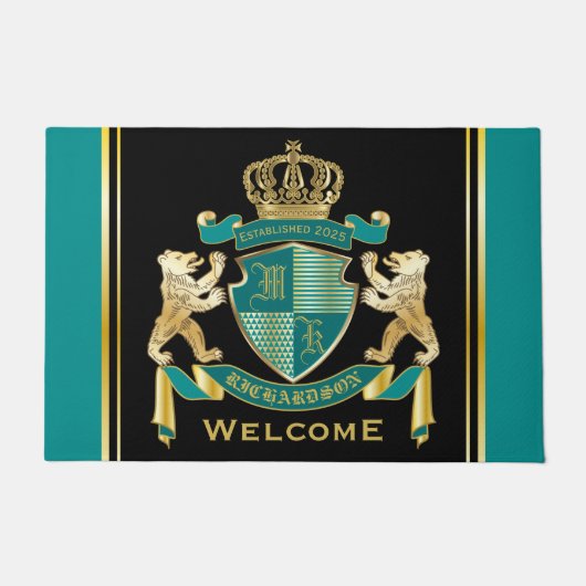 Maak uw eigen wapen Blauwgroen gouden Beer Deurmat (Voorkant)