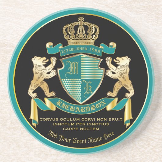 Maak uw eigen wapen Blauwgroen gouden Beer Zandsteen Onderzetter (Voorkant)