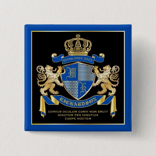 Maak uw eigen wapenkat blauw goudleem vierkante button 5,1 cm (Voorkant)