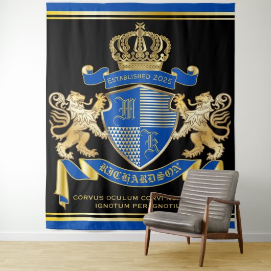 Maak uw eigen wapenkat blauw goudleem wandkleed (In situ)