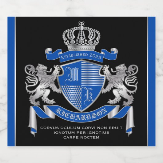 Maak uw eigen wapenkat blauw, zilveren ledemaat sparkling wijnetiket (Enkel label)
