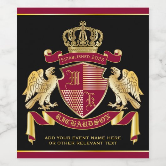 Maak uw eigen wapenkat rood-goudblauw wijn etiket (Enkel label)