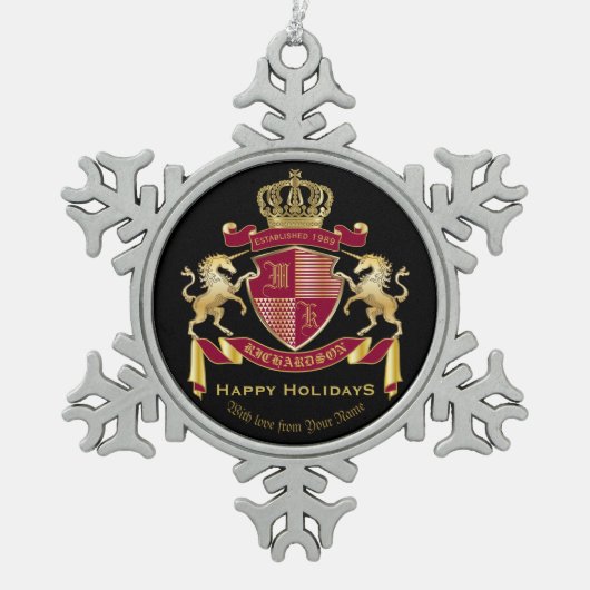Maak uw eigen wapenschild rood-goudblauw-embleem tin sneeuwvlok ornament (Voorkant)