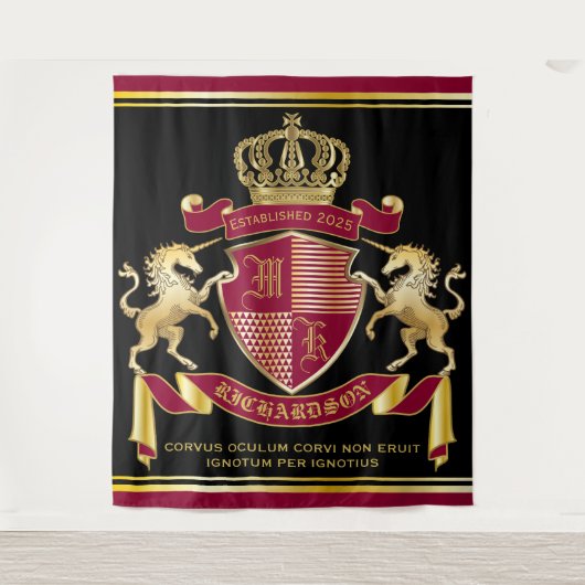 Maak uw eigen wapenschild rood-goudblauw-embleem wandkleed (Voorkant)