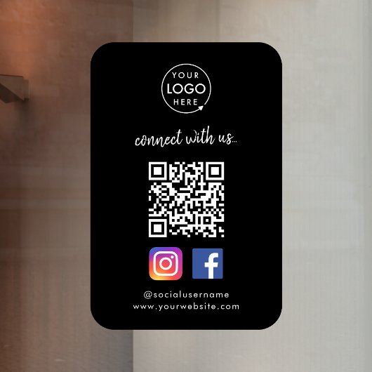 Maak verbinding met ons | Sociale media QR-code zw Raamsticker