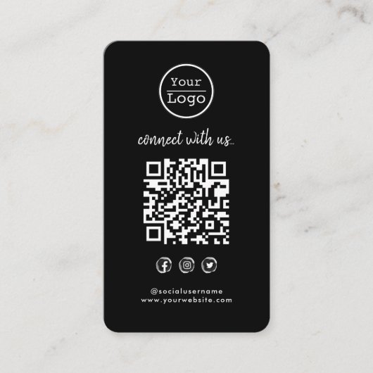 Maak verbinding met ons | Sociale media QR-code zw Visitekaartje (Voorkant)