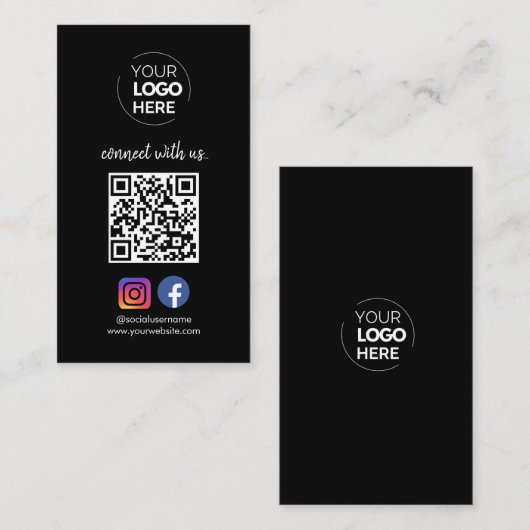 Maak verbinding met ons | Sociale media QR-code zw Visitekaartje (Voorkant / Achterkant)