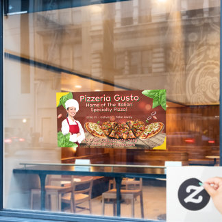 Maak vrouwelijke pizzachef restaurant promotie op raamsticker
