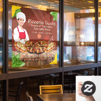 Maak vrouwelijke pizzachef restaurant promotie op raamsticker