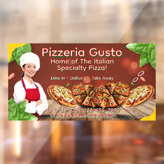 Maak vrouwelijke pizzachef restaurant promotie op raamsticker