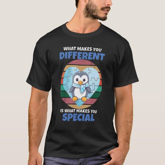 Maakt u speciale pinguïn kleurrijke puzzel Autisme T-shirt (Voorkant)