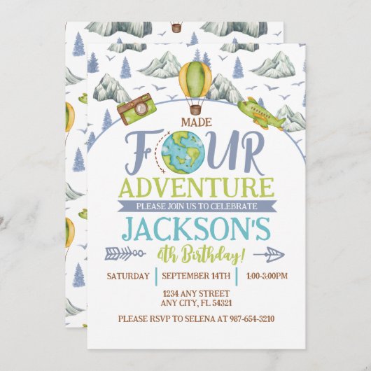 maakte vier avontuur 4e verjaardag uitnodiging (Voorkant / Achterkant)