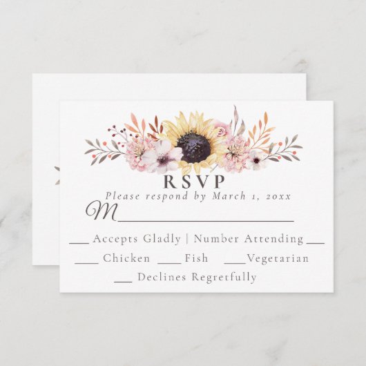 Maaltijdkeuze Zonnebloemen Bruiloft RSVP Reactie K (Voorkant / Achterkant)