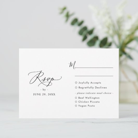 maaltijdopties Elegant script Moderne bruiloft RSVP Kaartje (Staand voorkant)