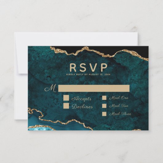 Maaltijdselectie Blauwgroen Gold Agate Wedding RSVP Kaartje (Voorkant)