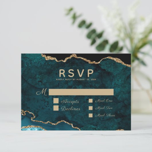 Maaltijdselectie Blauwgroen Gold Agate Wedding RSVP Kaartje (Staand voorkant)