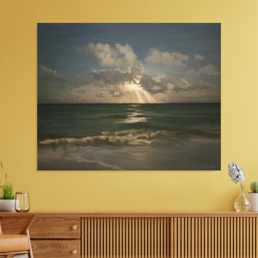 Maan achter wolken over oceaan met golven canvas afdruk (Insitu (Woonkamer))