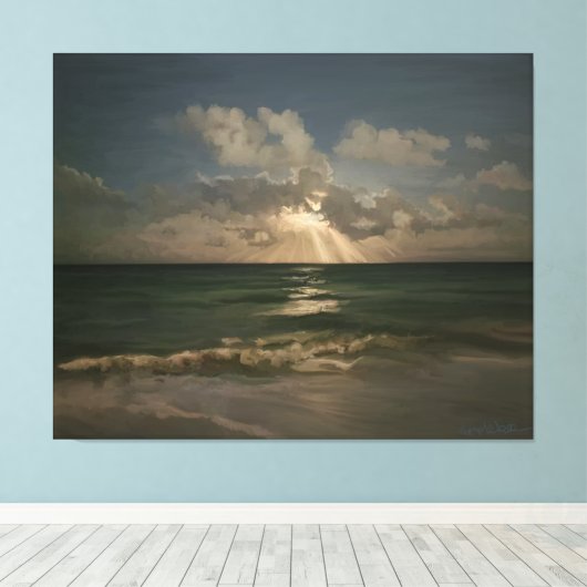 Maan achter wolken over oceaan met golven canvas afdruk (Insitu (Houten vloer))