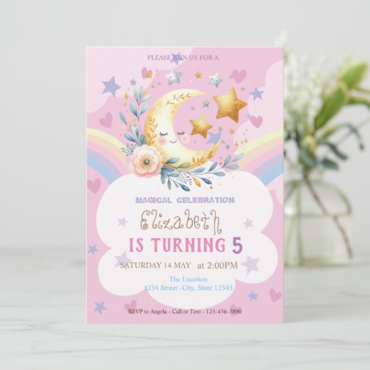 Maan Bloem Regenboog Sterren Hartjes Verjaardag Kaart (Staand voorkant)