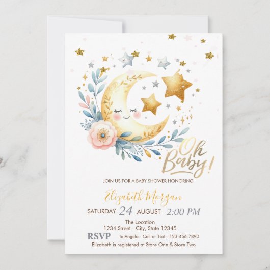 Maan Bloem Sterren Baby Shower Kaart (Voorkant)