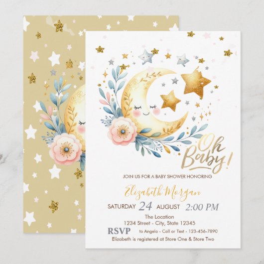 Maan Bloem Sterren Baby Shower Kaart (Voorkant / Achterkant)