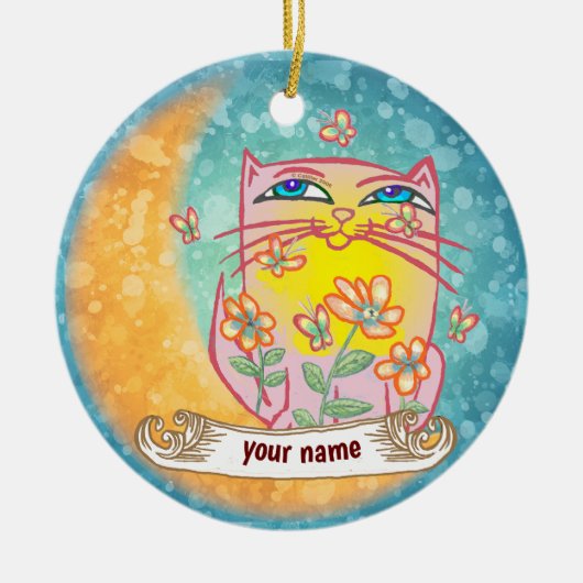 Maan Bloemen Kat  Keramisch Ornament (Voorkant)