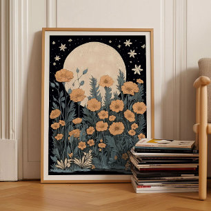 Maan & bloemen vintage blok stijl kunst, Whimsigot Poster