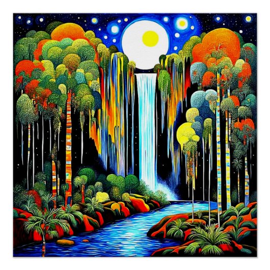 Maan boven waterval perfect poster (Voorkant)